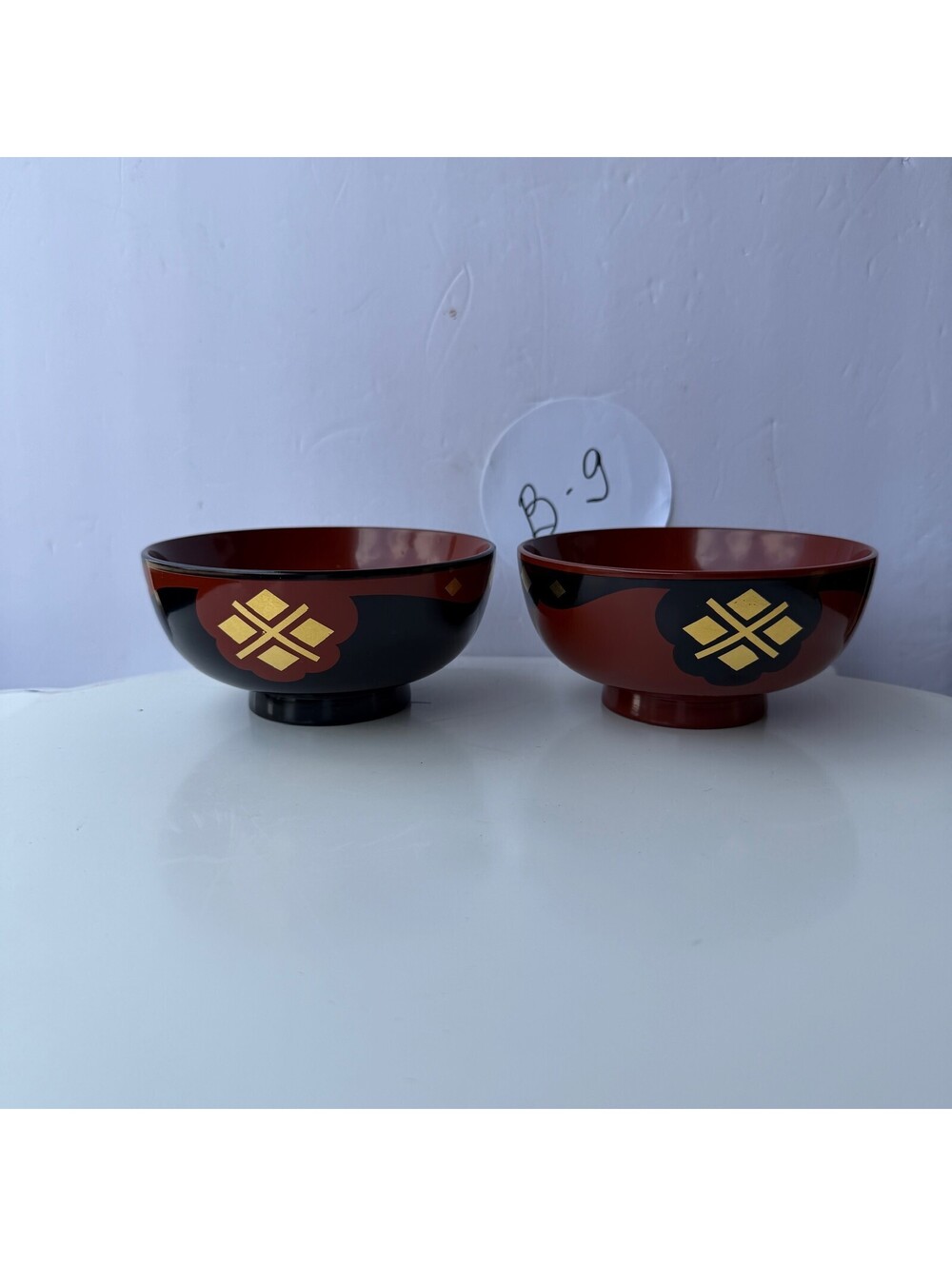 Set of 2 Japanese Lacquerware Soup Bowls Red Black Gold Motif B-9